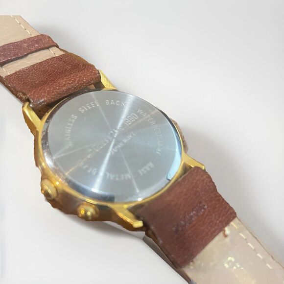 Vintage Guess Watch Women Gold Tone w Alarm White Dial Brown Leather Band 1990 - Picture 3 of 9